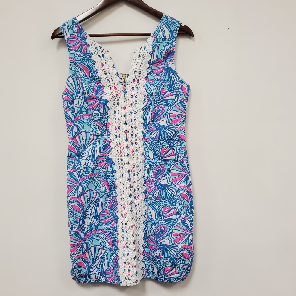 Lilly Pulitzer x Target My Fans Shift Dress Size 10 Crochet Blue Shell Print